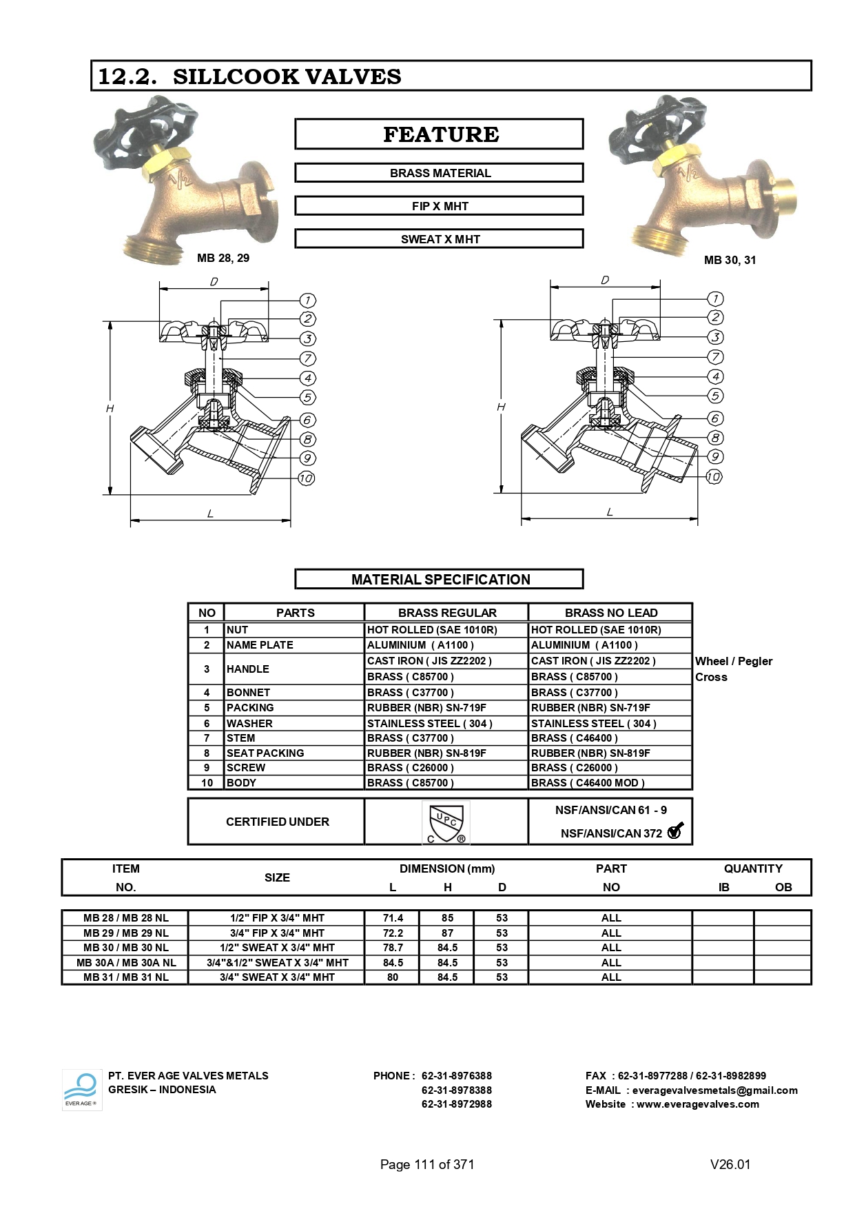 SILLCOCK VALVES - MB 28 - MB 31